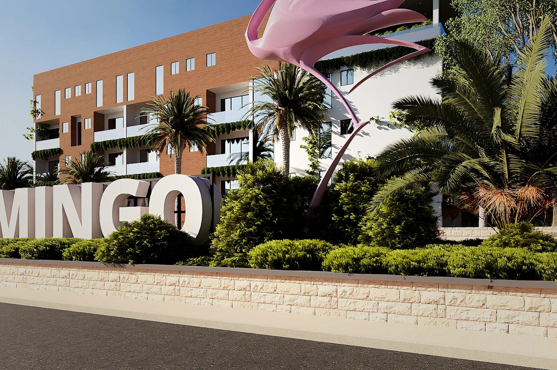 The flamingo sculpture on the entrance axis