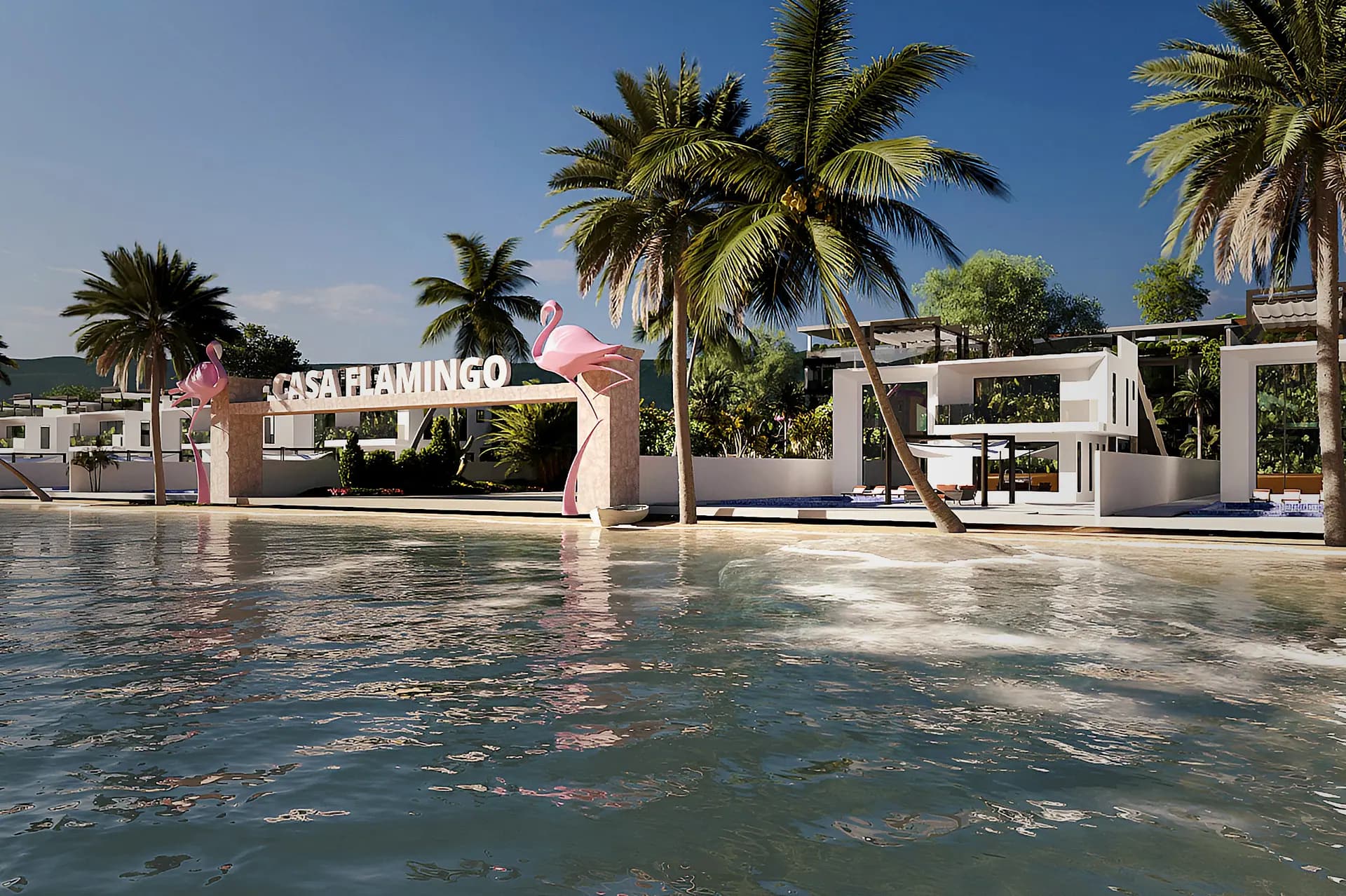 The flamingo at the water's edge